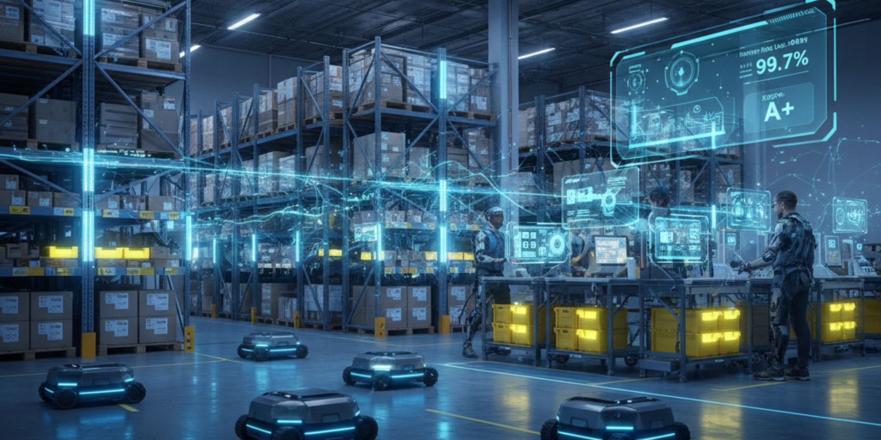 Modern, automated logistics center with autonomous robots (AMR), employees at intelligent packing stations and digital overlays that visualize data flow and efficiency in neo-logistics